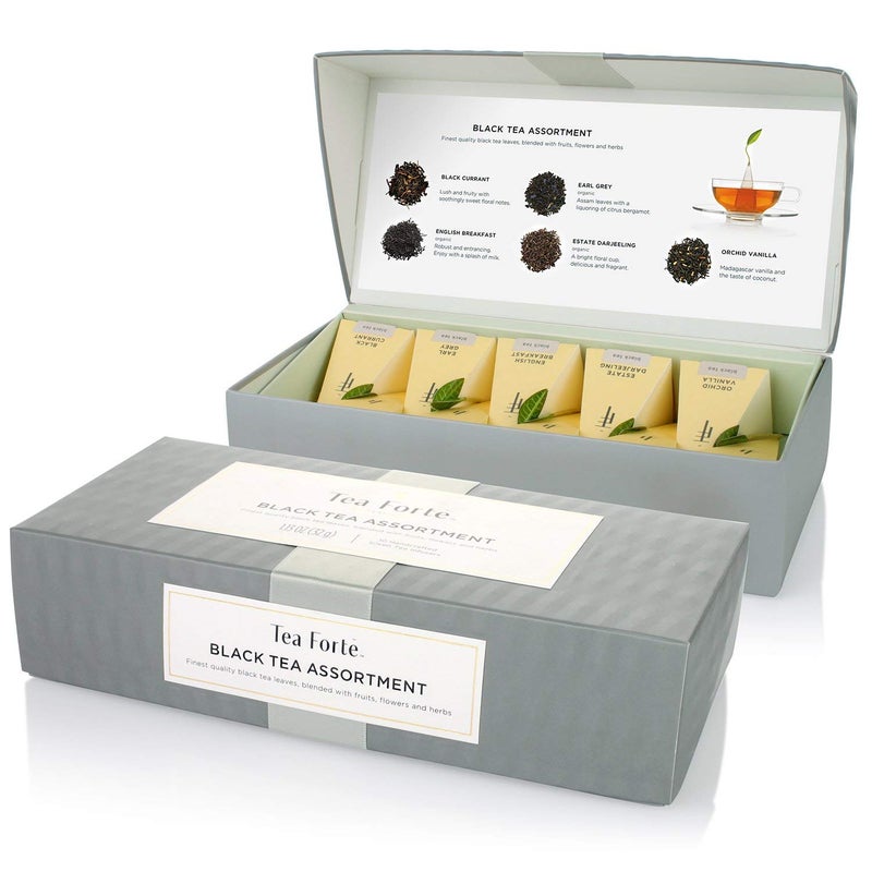 Tea Forte Assorted Black Tea Petite Presentation Box Tea Gift Set Sampler, 10 Count, 2 of Each Variety Individually Wrapped Handcrafted Pyramid Infuser Bags - Image 1